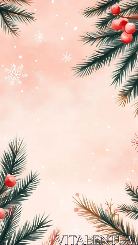 Festive evergreen branches on soft pastel winter background.