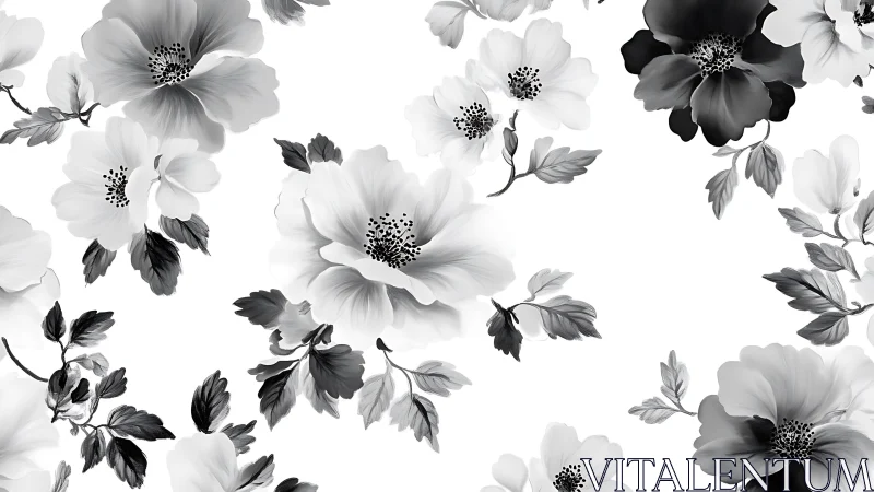 Elegant Black and White Flowers Dancing Across a Serene Canvas