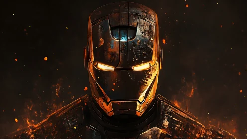 Battle-scarred armored helmet amid glowing embers at night.