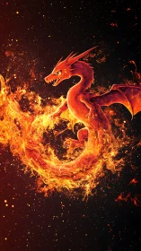 Fiery red dragon coils within swirling ring of flame