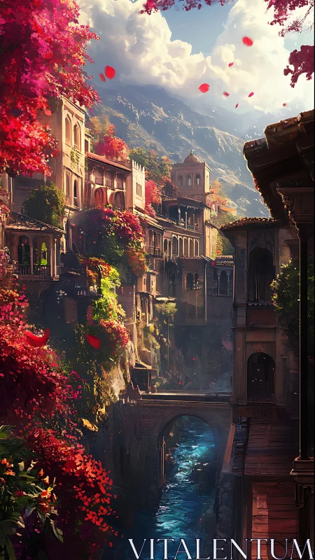 Sunlit cliffside city rises above a glowing sapphire canal.
