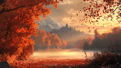 Golden autumn lake leads toward a misty distant castle