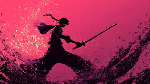 Crimson tide samurai poised within a splash of twilight.