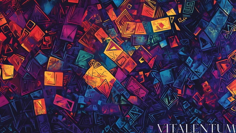 Geometric neon shards collide over deep indigo background