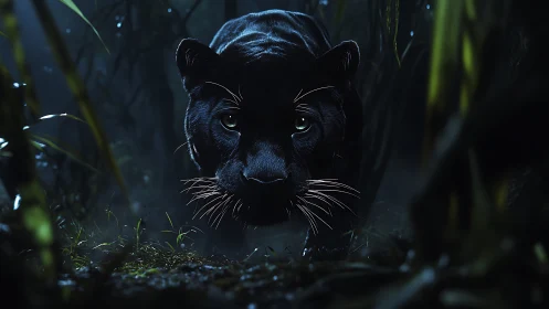 Black Panther's Watchful Gaze in Mystical Night.