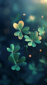 Bokeh-illuminated clover macro with luminous particle field.