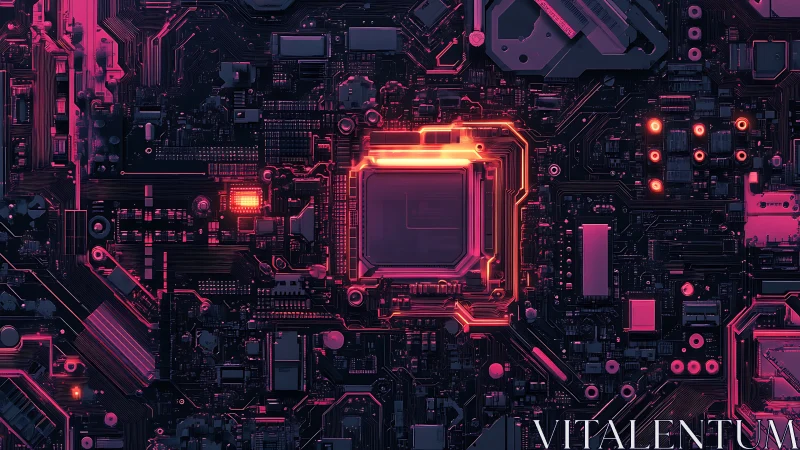 Neon lit motherboard closeup with central processor unit.