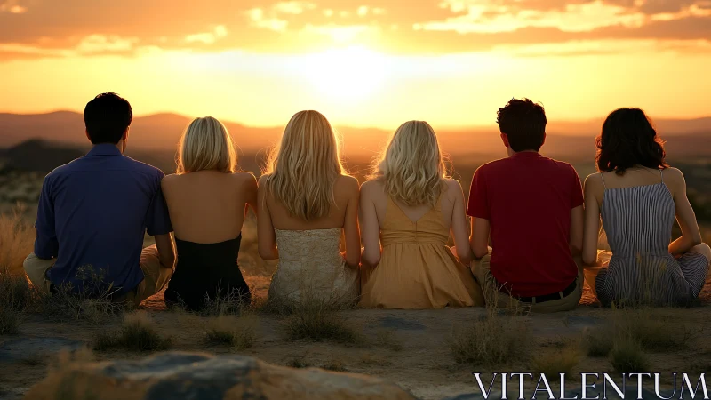 Group of friends sitting together at sunset in warm, natural light.