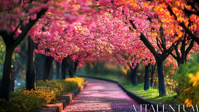 Cherry blossom avenue glows with soft spring evening light