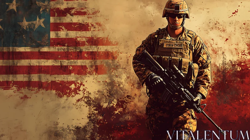 Combat-ready U.S. soldier before distressed American flag backdrop.