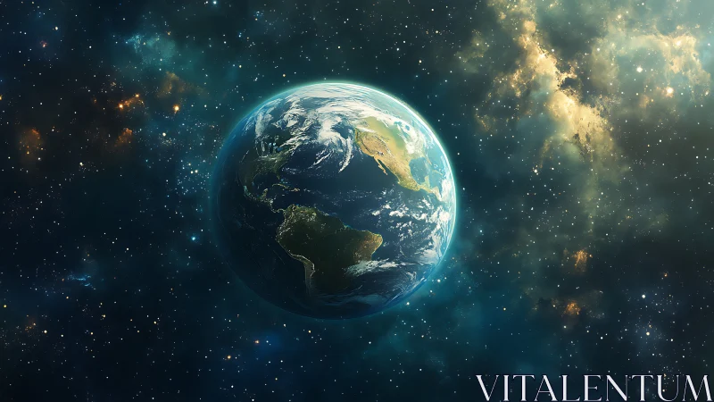 Planet Earth in deep space with stars and nebula clouds.