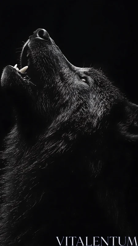 High-contrast lateral portrait of howling black wolf in dark field