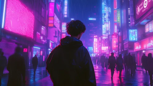 Wanderer in neon city rain soaking in quiet electric glow.