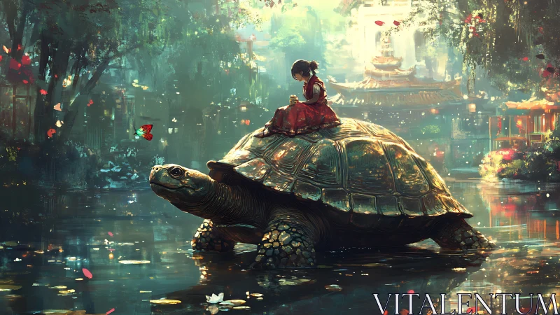 Girl rides giant turtle through luminous temple pond.