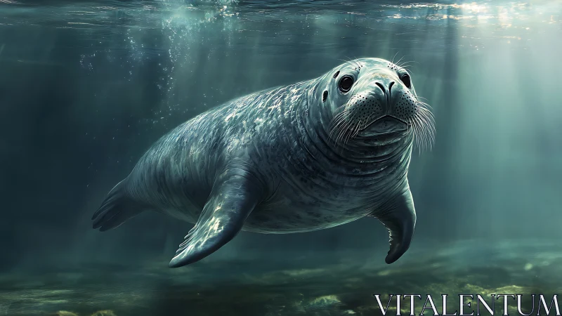 Harbor seal glides through teal shafts of underwater light.
