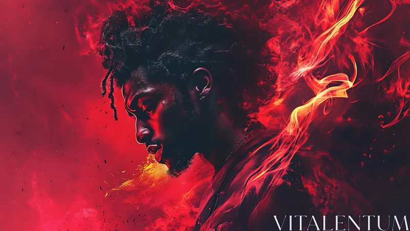 Portrait in flames with intense red inferno glow.