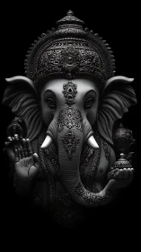 Monochrome high-relief Ganesha bust with ornate metallic regalia