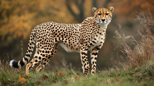 Cheetah in autumn grassland, lateral profile, shallow depth of field.