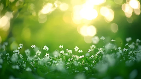 Gentle wildflower meadow glowing in soft evening sunlight.