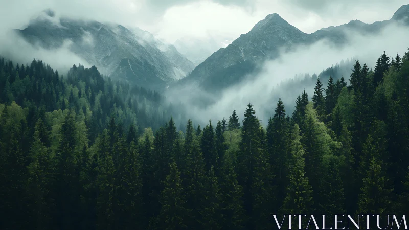 Stratified Alpine Valley Landscape with Atmospheric Fog Inversion and Coniferous Forest Composition