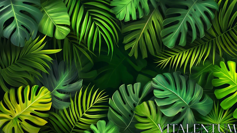 Lush layered tropical leaves in dense green jungle pattern.