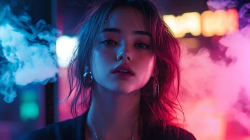 Neon-lit woman framed by vapor clouds in city night