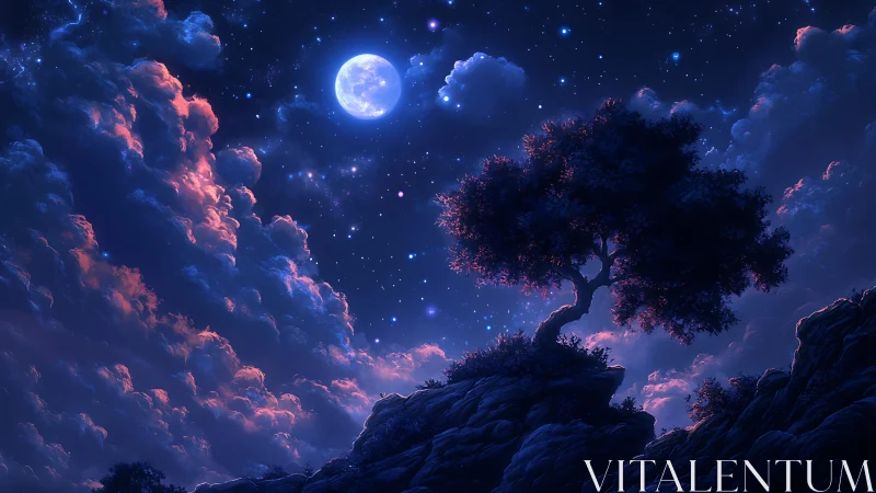 Lone windswept tree silhouettes against high-contrast lunar night sky