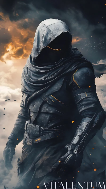 Hooded sci fi warrior in armor amid storm clouds.