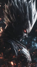 Dark armored antihero in ember-lit profile portrait.