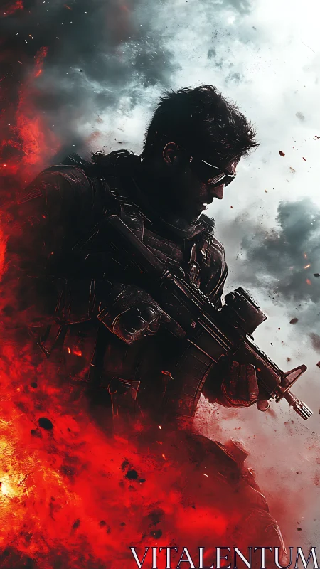 Cinematic soldier portrait in explosive vertical composition.