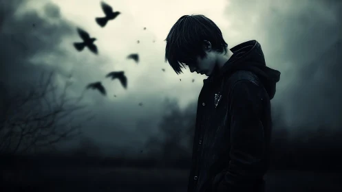 Solitary youth in stormy dusk with ravens in motion.