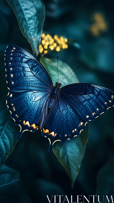 Blue butterfly rests on leaf with detailed wing texture