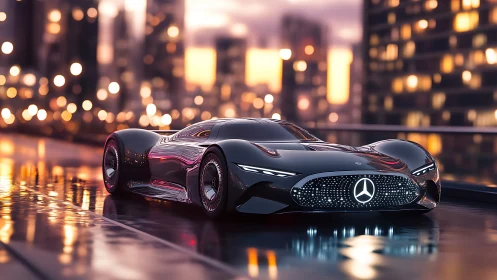Sleek future city supercar gliding through rainy neon dusk.