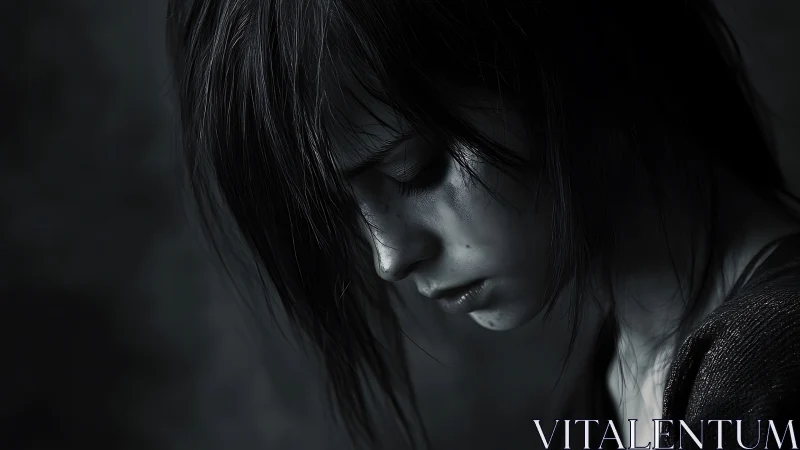 Rain-soaked reverie on a silent face of shadowed sorrow.