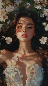 Floral portrait depicts serene woman in dappled garden light