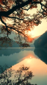 Lake sunrise mirrored beneath arching autumn branches.