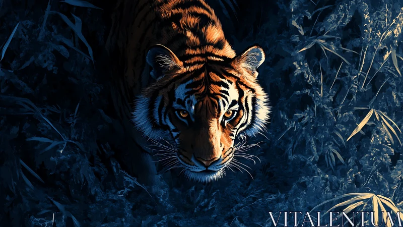 Stalking tiger emerging from cool blue jungle shadows.