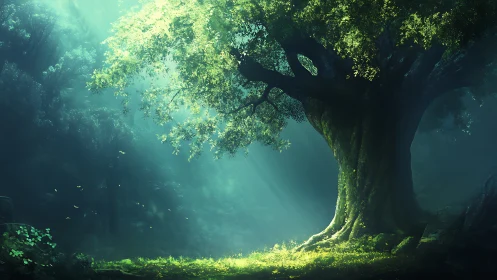 Majestic Ancient Tree in Lush Fantasy Forest, Digital Art Style.