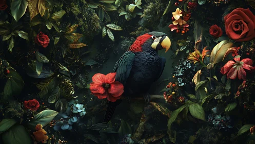 Exotic parrot perches amid hyper-detailed florals in chiaroscuro