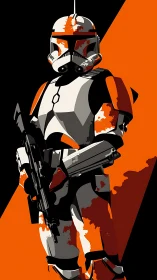 Armored sci-fi trooper in bold orange graphic composition.