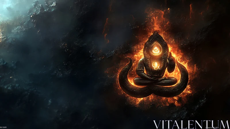 Fiery meditative deity figure amid dark swirling clouds.