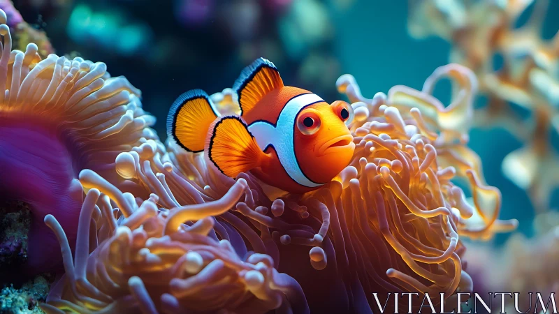 High-saturation clownfish rendered in detailed 3D coral anemone habitat