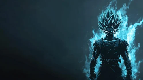 Electric blue warrior standing strong in glowing storm.