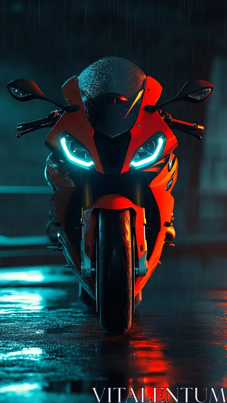 Red sport motorcycle in rain with blue neon reflections.