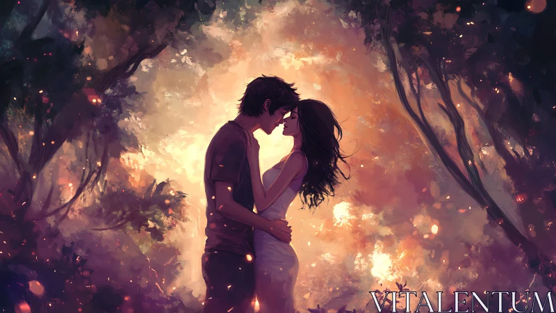 Ethereal Reunion: Two Figures Embrace Amid Luminous Forest Glow.
