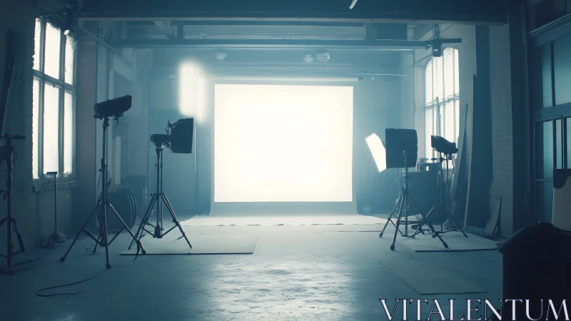 Industrial loft photo studio with glowing backlit wall.