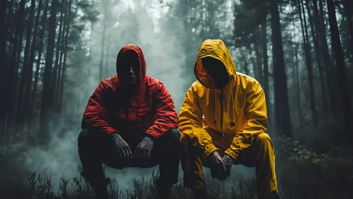 Two hooded figures in red and yellow raincoats in forest.