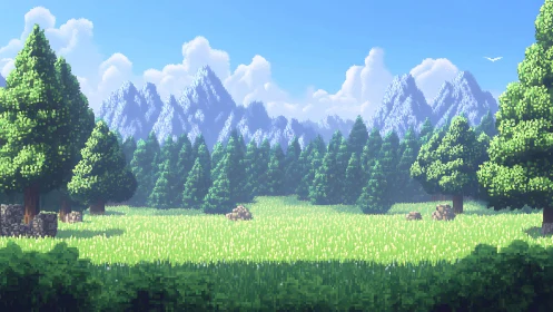 Sunlit pixel meadow before distant crystalline peaks.