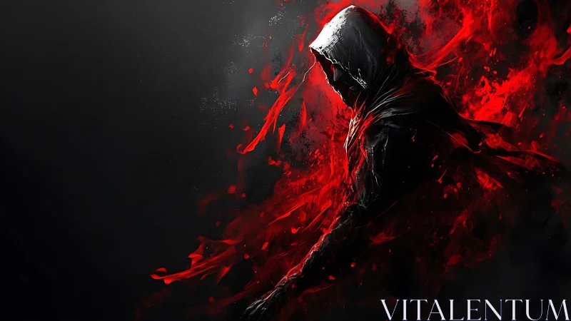 Hooded shadow walker wrapped in swirling red firestorm.