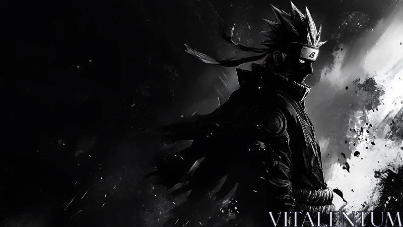 Dark ninja silhouette in high contrast monochrome storm.